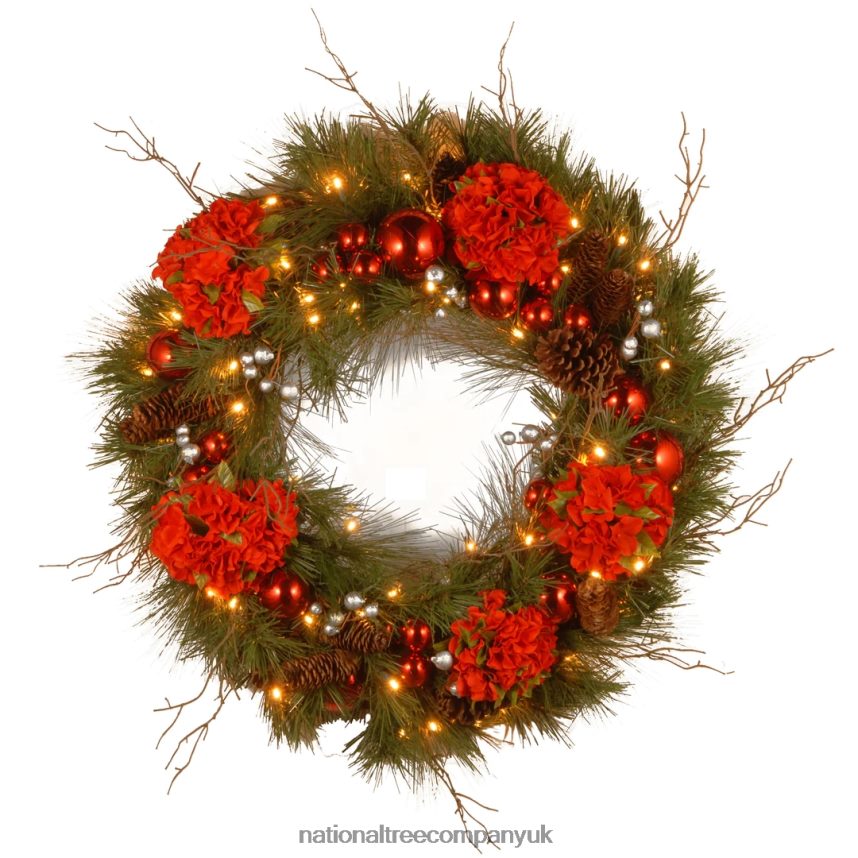 Greenery | National Tree Company Pre-Lit Artificial Christmas Wreath Green Hydrangea White Lights Decorated with Flower Blooms Ball Ornaments Pine Cones Branches Christmas Collection 24 Inche